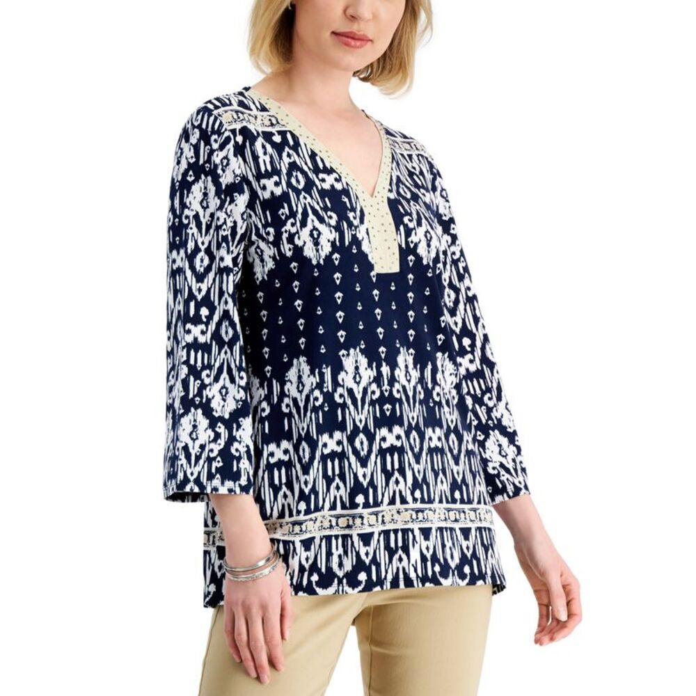 JM Collection Womens Embellished Ikat Top